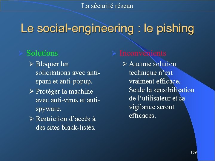 La sécurité réseau Le social-engineering : le pishing Ø Solutions Ø Bloquer les solicitations