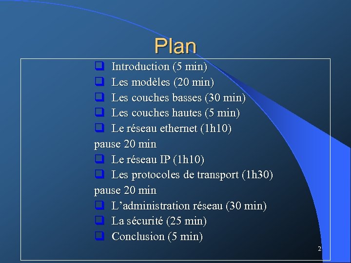 Plan q Introduction (5 min) q Les modèles (20 min) q Les couches basses