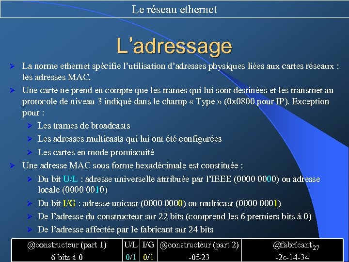 Le réseau ethernet L’adressage La norme ethernet spécifie l’utilisation d’adresses physiques liées aux cartes
