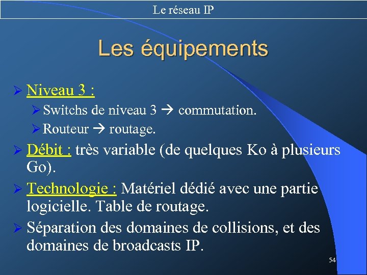 Le réseau IP Les équipements Ø Niveau 3 : Ø Switchs de niveau 3