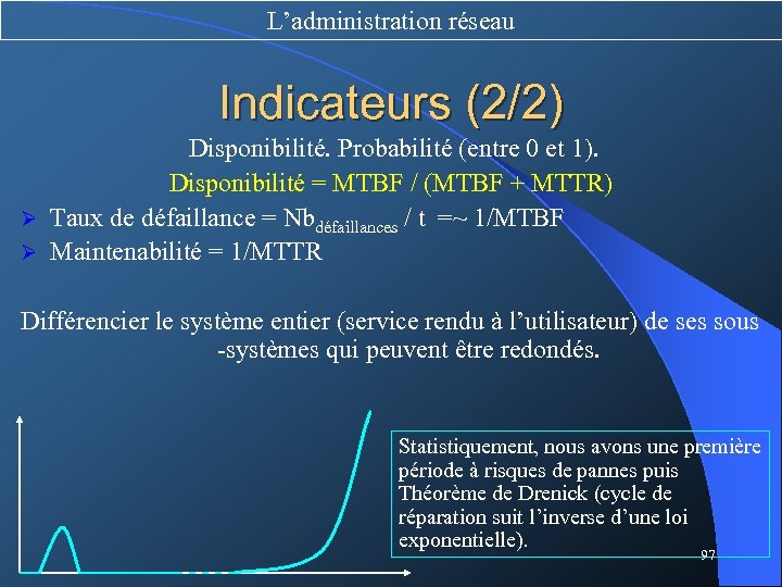 L’administration réseau Indicateurs (2/2) Disponibilité. Probabilité (entre 0 et 1). Disponibilité = MTBF /