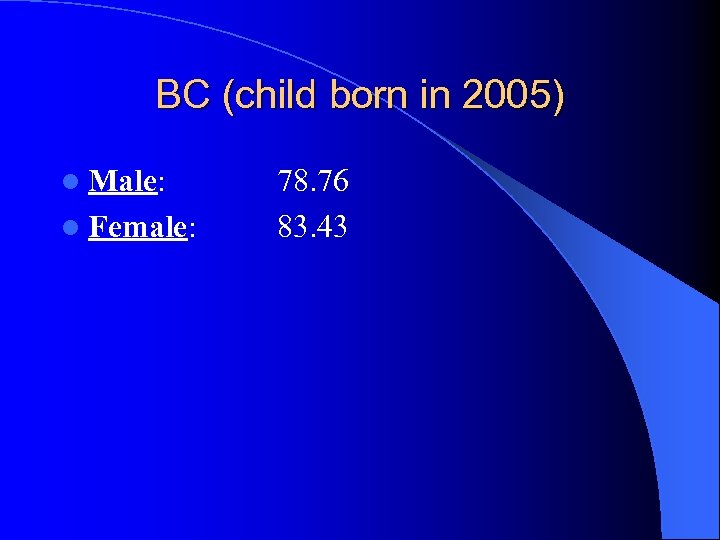 BC (child born in 2005) l Male: l Female: 78. 76 83. 43 