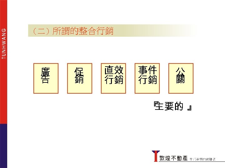 （二）所謂的整合行銷 廣 告 促 銷 直效 行銷 事件 行銷 所謂 『 整合行銷服務 公 關