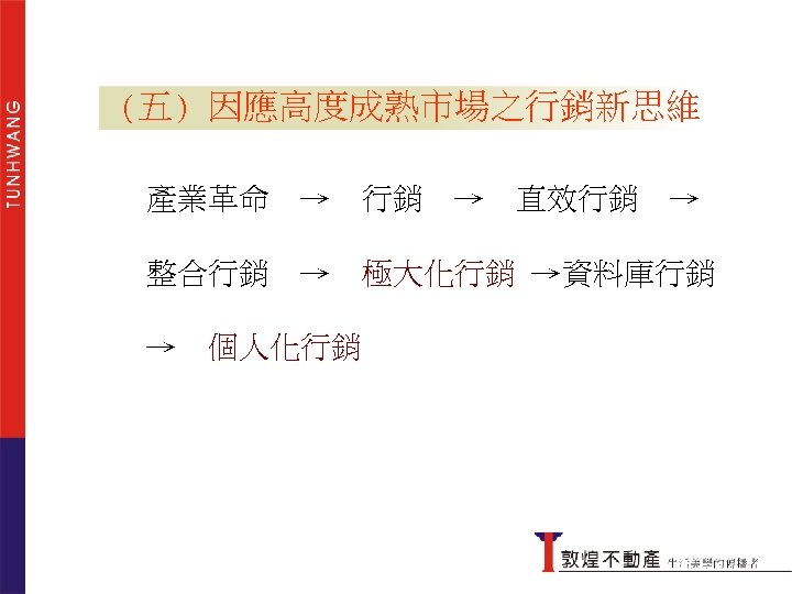 (五) 因應高度成熟市場之行銷新思維 產業革命 → 行銷 → 直效行銷 整合行銷 → 極大化行銷 →資料庫行銷 因應高度成熟市場之行銷新觀念 → 個人化行銷