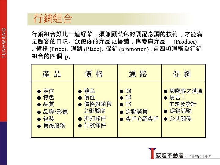 行銷組合好比一道好菜，須兼顧菜色的調配烹調的技術，才能滿 足顧客的口味。欱使你的產品更暢銷，應考慮產品 (Product) 、 價格 (Price)、 通路 (Place)、 促銷 (promotion)， 這四項通稱為行銷 組合的四個 p。 產