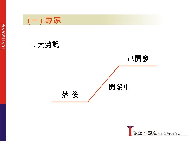 (一 ) 專家 1. 大勢說 落後 己開發 開發中 