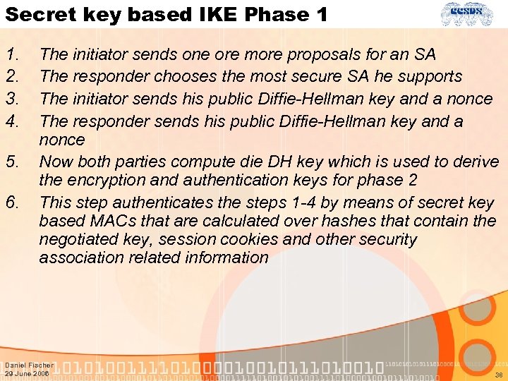 Secret key based IKE Phase 1 1. 2. 3. 4. 5. 6. The initiator