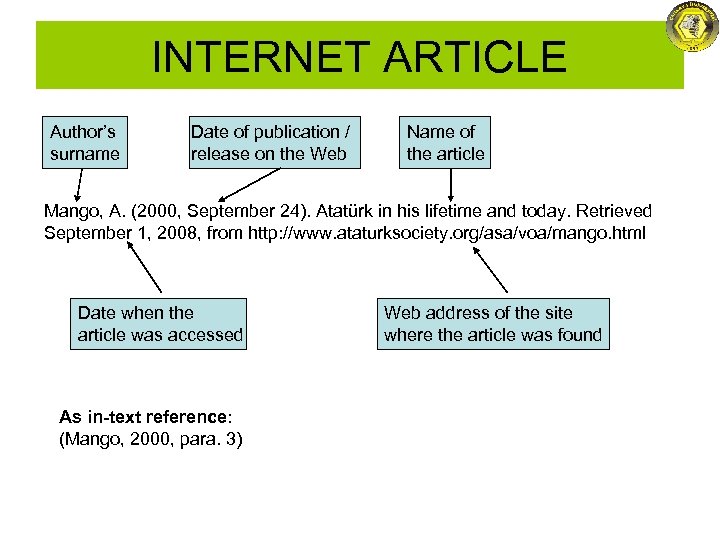 INTERNET ARTICLE Author’s surname Date of publication / release on the Web Name of