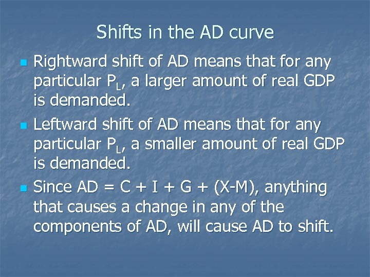 Shifts in the AD curve n n n Rightward shift of AD means that