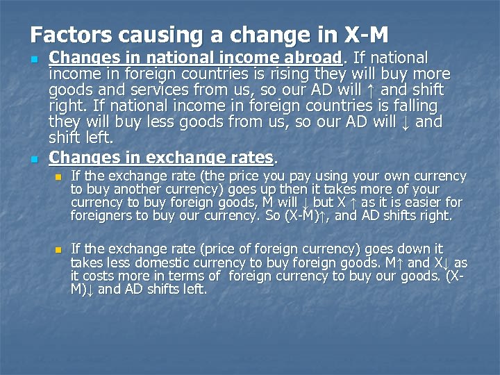 Factors causing a change in X-M n n Changes in national income abroad. If