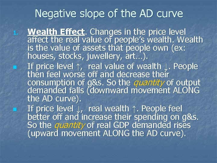 Negative slope of the AD curve 1. n n Wealth Effect. Changes in the