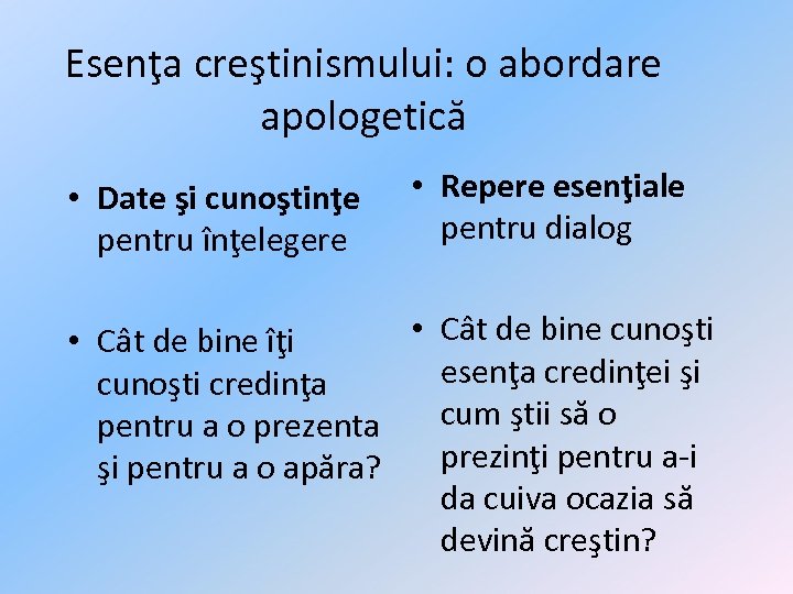 Esenţa creştinismului: o abordare apologetică • Date şi cunoştinţe pentru înţelegere • Repere esenţiale