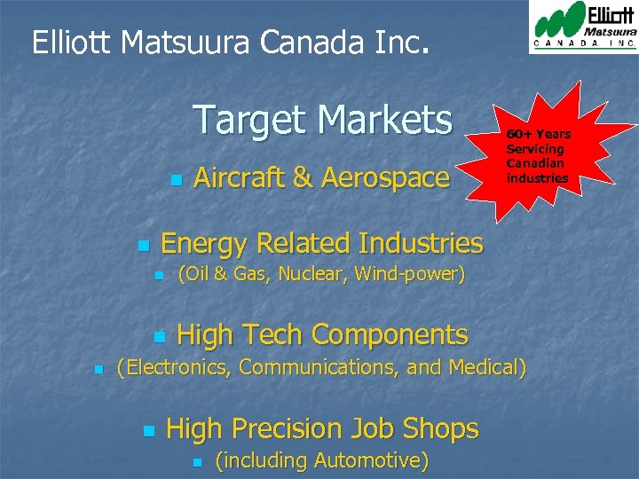 Elliott Matsuura Canada Inc. Target Markets n Aircraft & Aerospace Energy Related Industries n