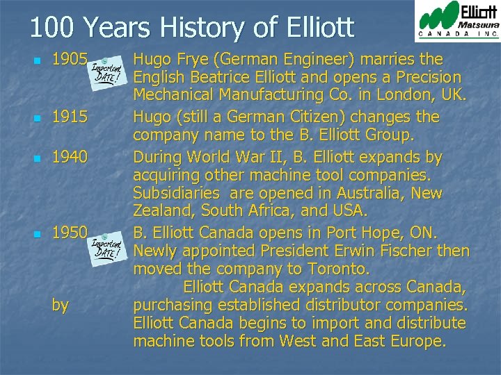 100 Years History of Elliott n 1905 n 1915 n 1940 n 1950 by