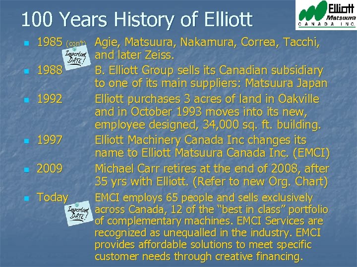 100 Years History of Elliott n n n 1985 (con’t) Agie, Matsuura, Nakamura, Correa,