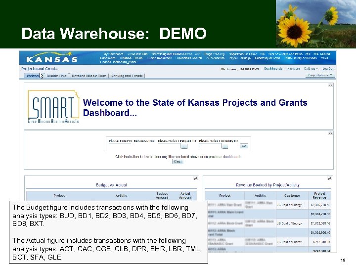 Data Warehouse: DEMO The Budget figure includes transactions with the following analysis types: BUD,