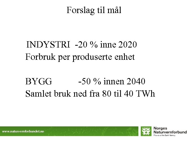 Forslag til mål INDYSTRI -20 % inne 2020 Forbruk per produserte enhet BYGG -50