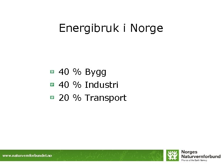 Energibruk i Norge 40 % Bygg 40 % Industri 20 % Transport www. naturvernforbundet.
