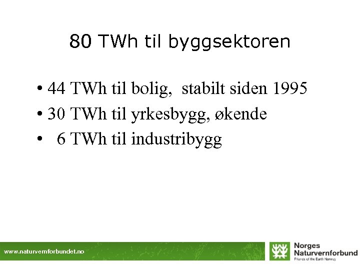 80 TWh til byggsektoren • 44 TWh til bolig, stabilt siden 1995 • 30