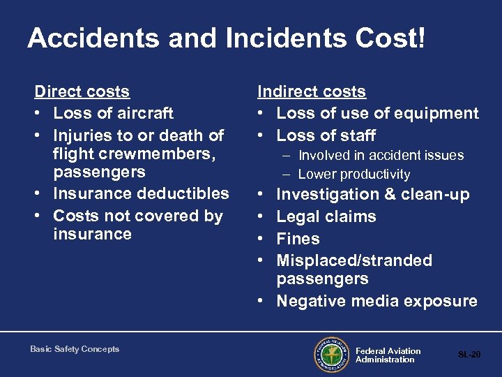 Accidents and Incidents Cost! Direct costs • Loss of aircraft • Injuries to or