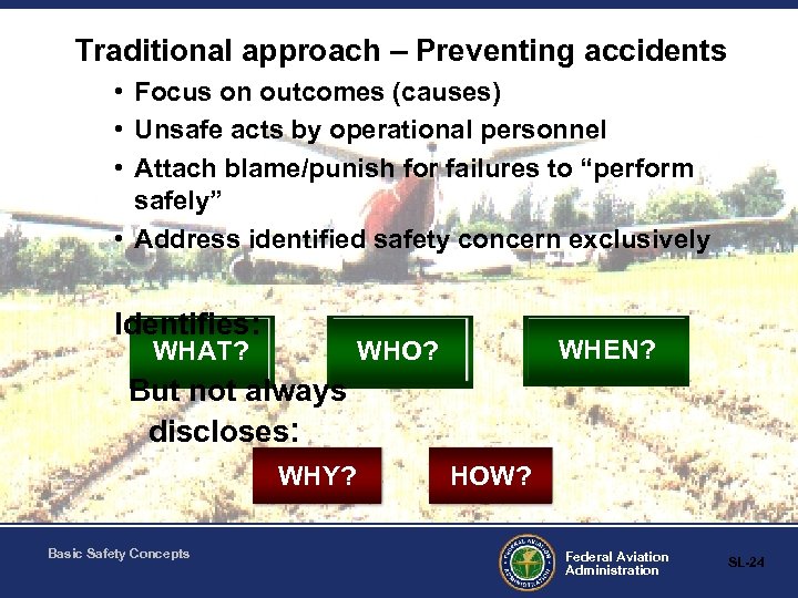 Traditional approach – Preventing accidents • Focus on outcomes (causes) • Unsafe acts by