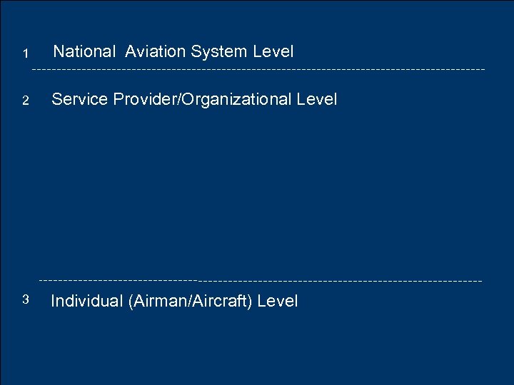 1 National Aviation System Level 2 Service Provider/Organizational Level 3 Individual (Airman/Aircraft) Level Basic