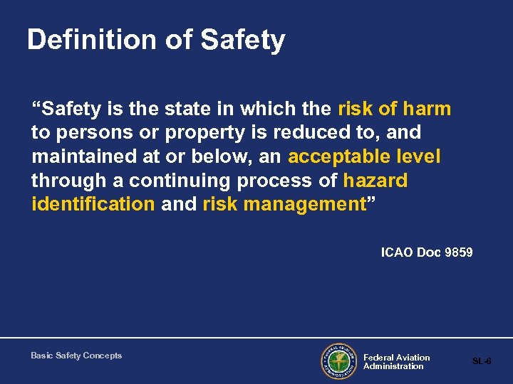 Definition of Safety “Safety is the state in which the risk of harm to