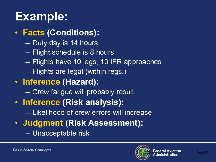 Example: • Facts (Conditions): – – Duty day is 14 hours Flight schedule is