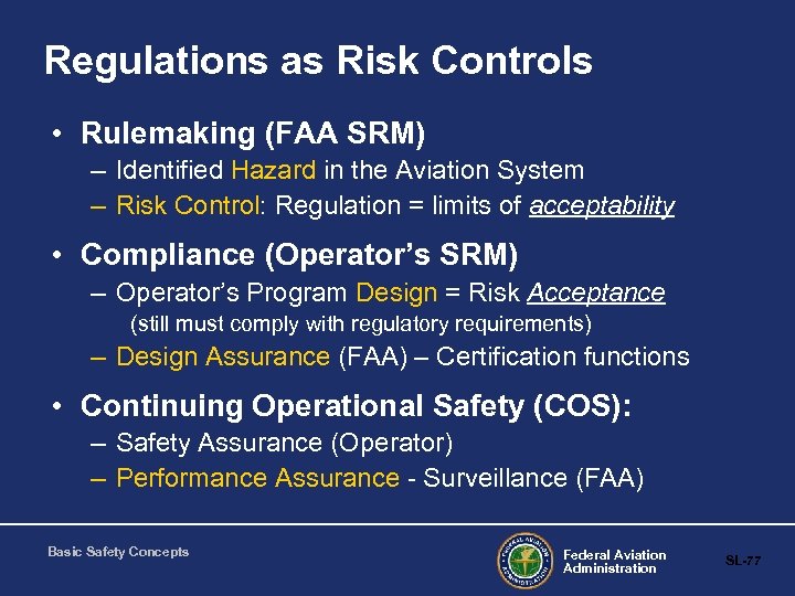 Regulations as Risk Controls • Rulemaking (FAA SRM) – Identified Hazard in the Aviation
