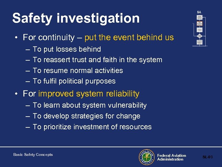 Safety investigation • For continuity – put the event behind us – – To