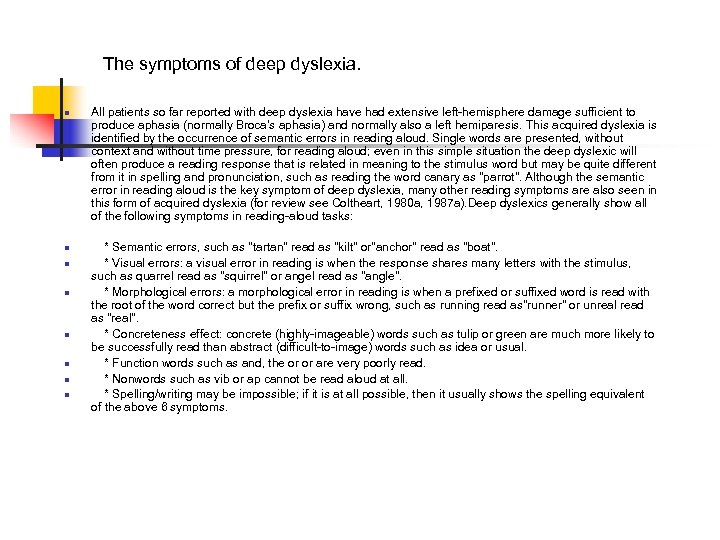 The symptoms of deep dyslexia. n n n n All patients so far reported