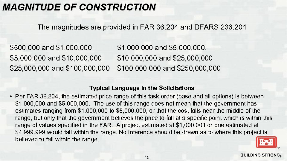MAGNITUDE OF CONSTRUCTION The magnitudes are provided in FAR 36. 204 and DFARS 236.