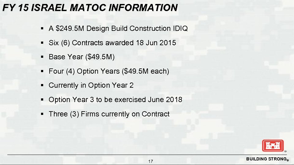 FY 15 ISRAEL MATOC INFORMATION § A $249. 5 M Design Build Construction IDIQ