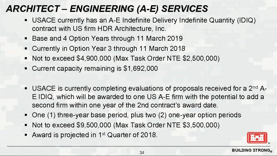 ARCHITECT – ENGINEERING (A-E) SERVICES § USACE currently has an A-E Indefinite Delivery Indefinite