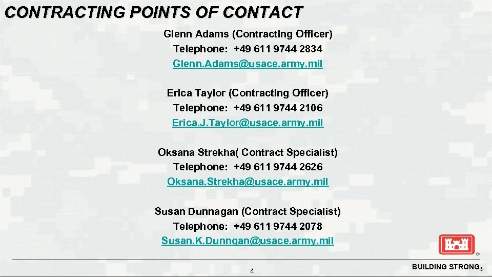 CONTRACTING POINTS OF CONTACT Glenn Adams (Contracting Officer) Telephone: +49 611 9744 2834 Glenn.