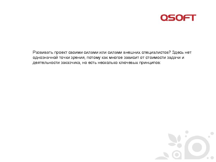 Развивать проект своими силами или силами внешних специалистов? Здесь нет однозначной точки зрения, потому