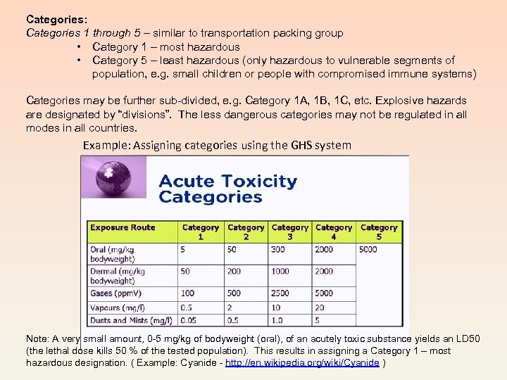 Categories: Categories 1 through 5 – similar to transportation packing group • Category 1