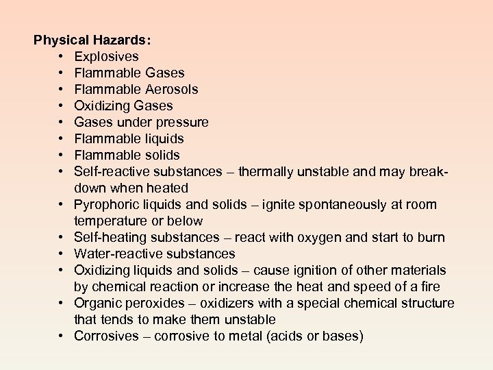 Physical Hazards: • Explosives • Flammable Gases • Flammable Aerosols • Oxidizing Gases •