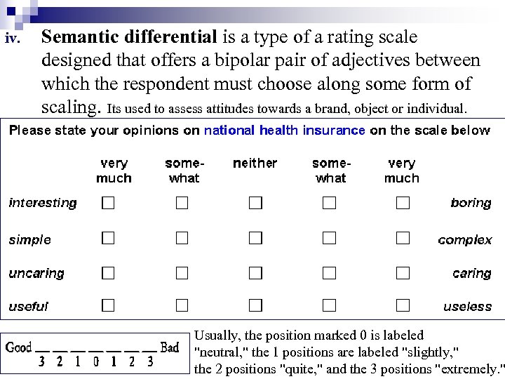 iv. Semantic differential is a type of a rating scale designed that offers a