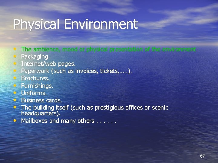 Physical Environment • • • The ambience, mood or physical presentation of the environment