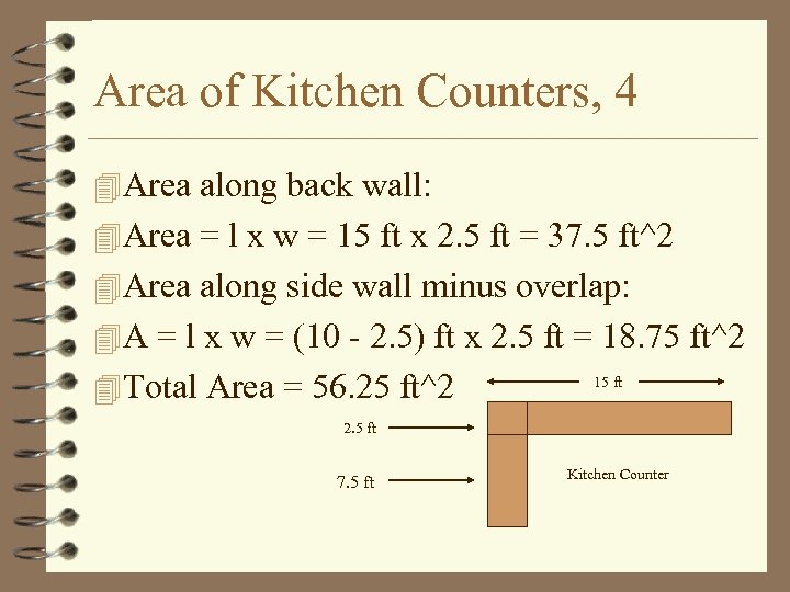 Area of Kitchen Counters, 4 4 Area along back wall: 4 Area = l