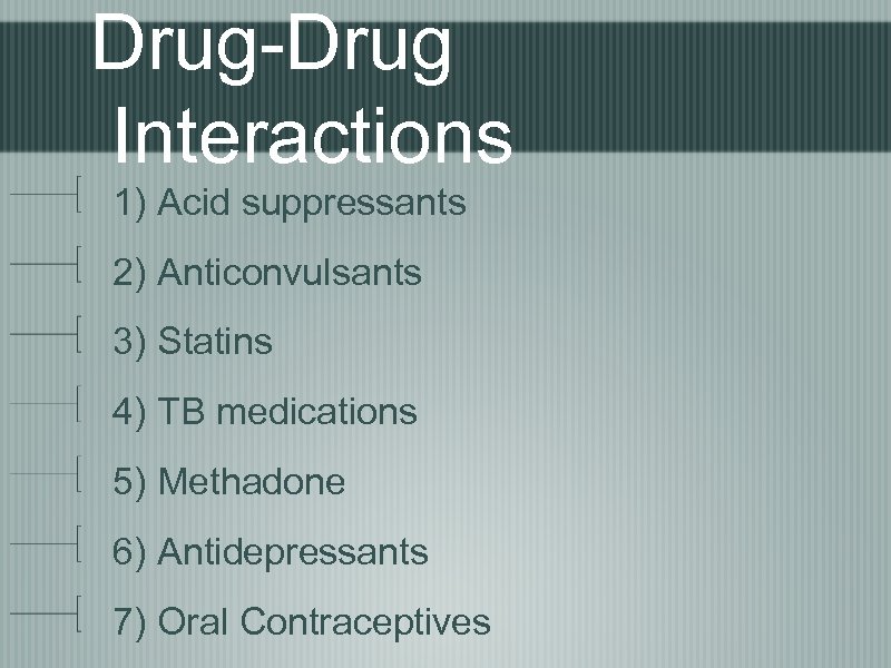 Drug-Drug Interactions 1) Acid suppressants 2) Anticonvulsants 3) Statins 4) TB medications 5) Methadone