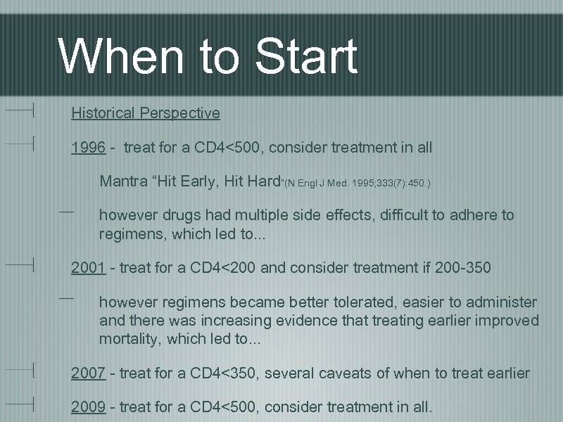 When to Start Historical Perspective 1996 - treat for a CD 4<500, consider treatment