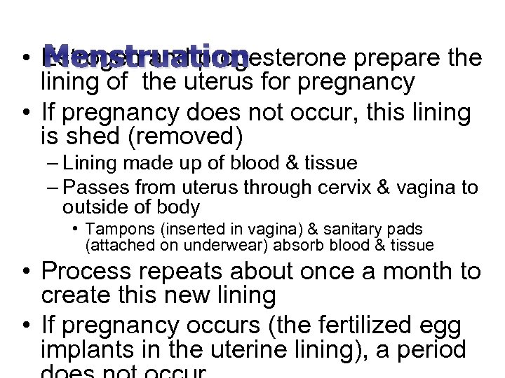  • Estrogen and progesterone prepare the Menstruation lining of the uterus for pregnancy