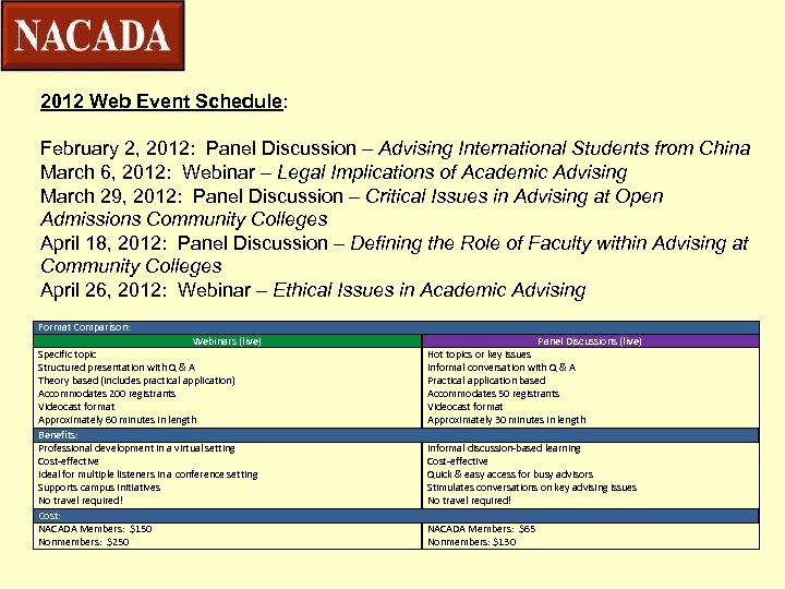 2012 Web Event Schedule: February 2, 2012: Panel Discussion – Advising International Students from