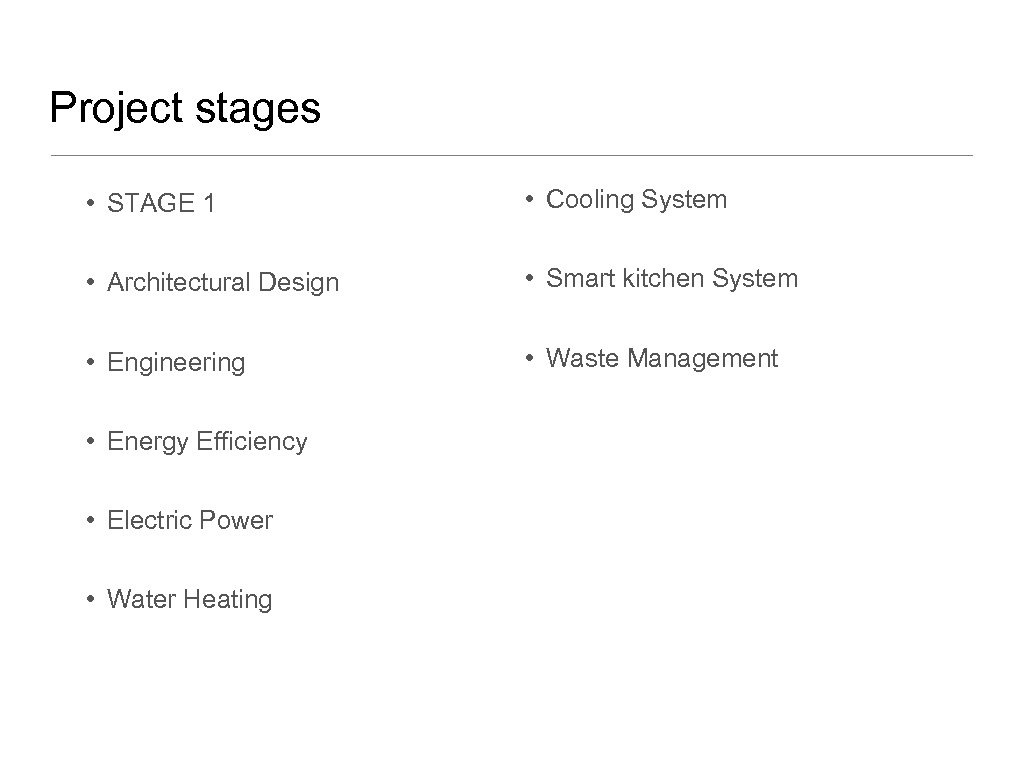 Project stages • STAGE 1 • Cooling System • Architectural Design • Smart kitchen