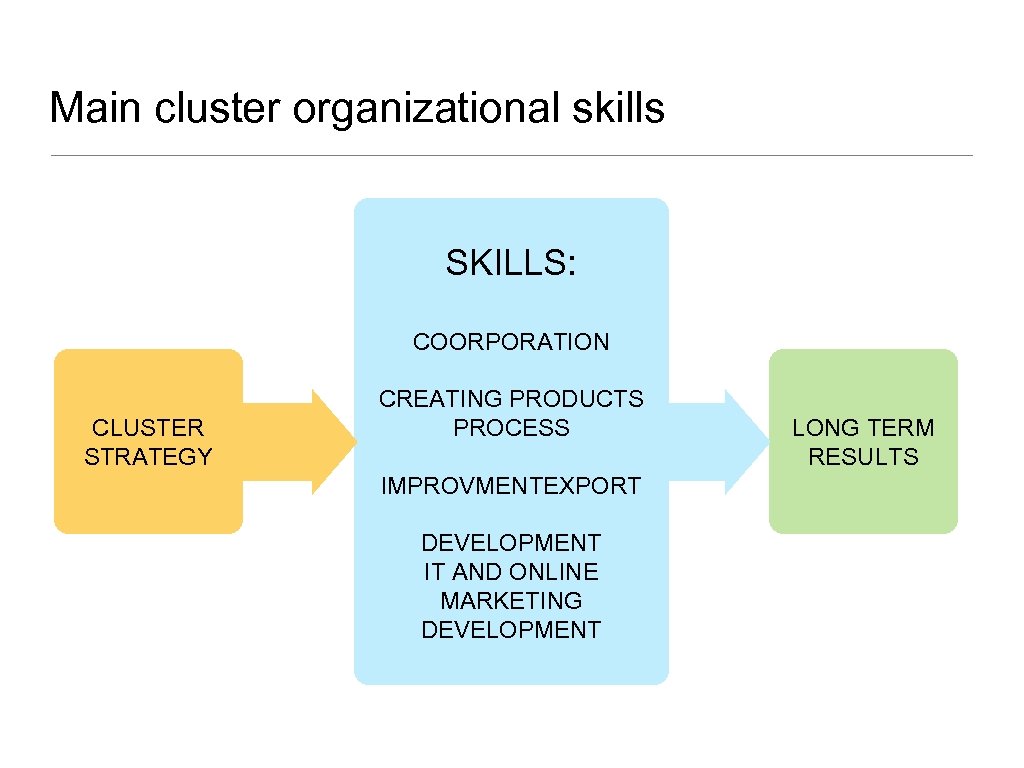 Main cluster organizational skills SKILLS: COORPORATION CLUSTER STRATEGY CREATING PRODUCTS PROCESS IMPROVMENTEXPORT DEVELOPMENT IT