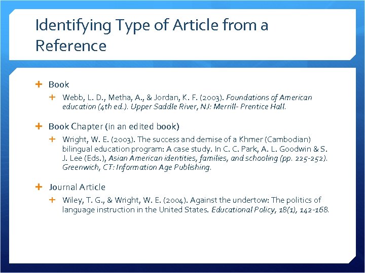 Identifying Type of Article from a Reference Book Webb, L. D. , Metha, A.