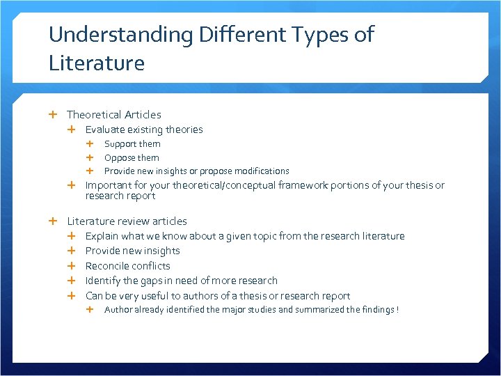 Understanding Different Types of Literature Theoretical Articles Evaluate existing theories Support them Oppose them