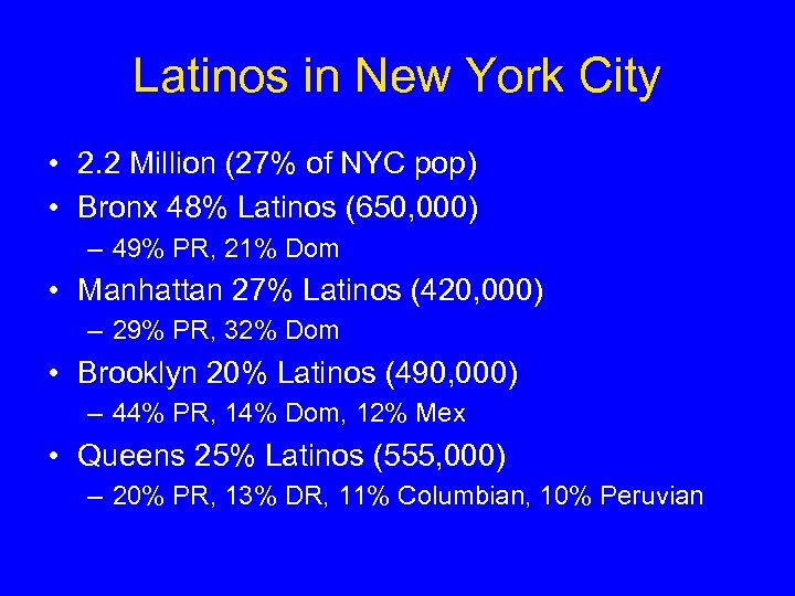 Latinos in New York City • 2. 2 Million (27% of NYC pop) •